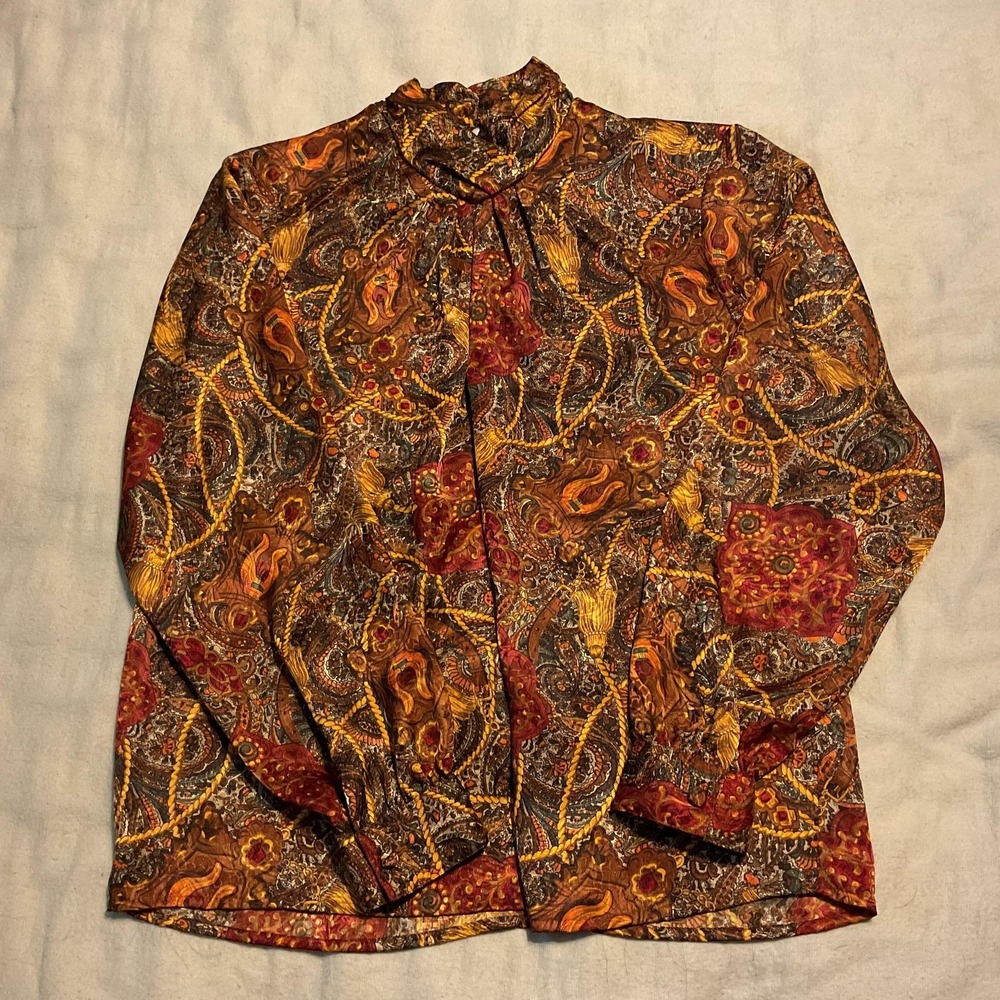 Heritage Road Shirt Womens 12 Brown Paisley Baroque Scarf Print Blouse Top